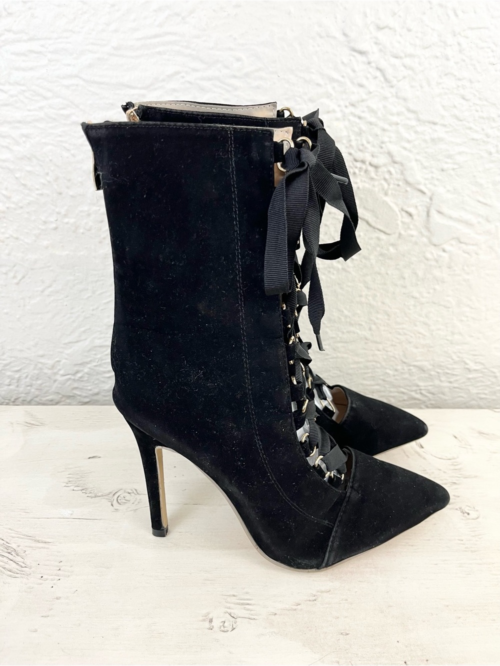 Black Velvet Faux Suede Lace Up Boots Witchy Gothic Heeled Victorian 40 9 - Picture 9 of 14